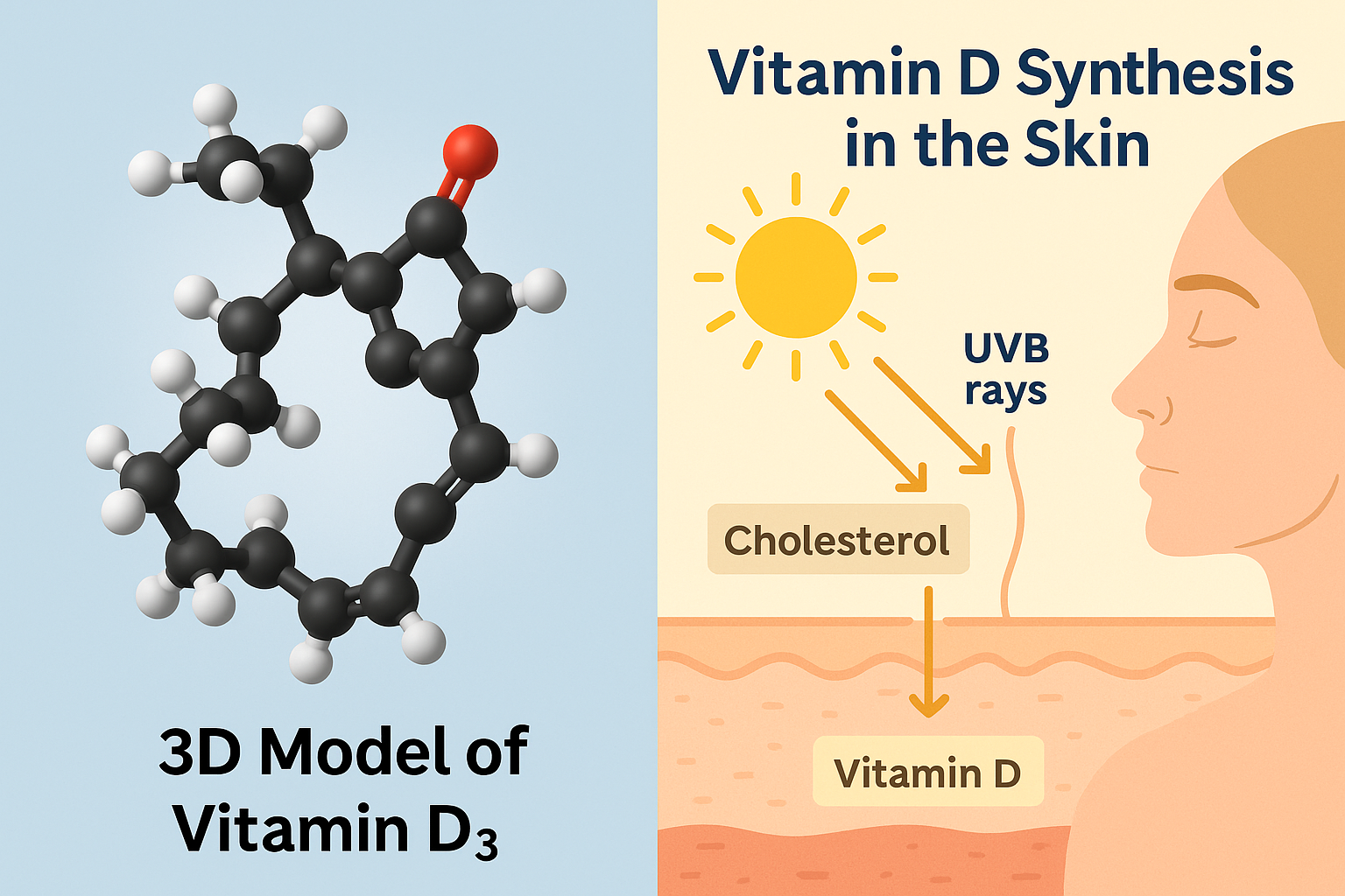 Infographic showing 3D model of Vitamin D3 and skin synthesis process